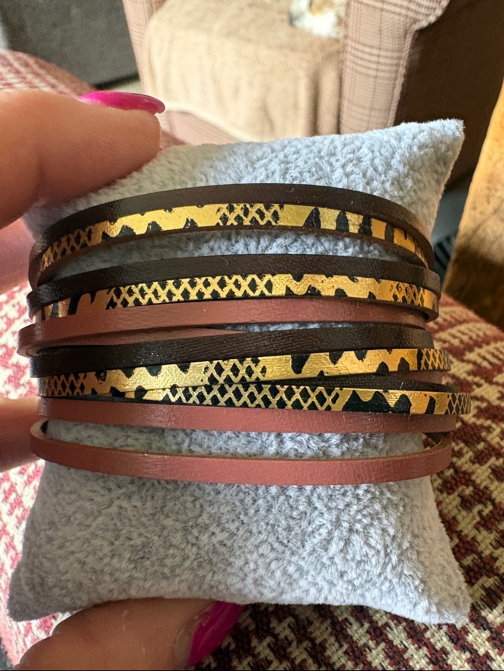 Multi-Row Brown and Gold Leather Wrap Bracelet